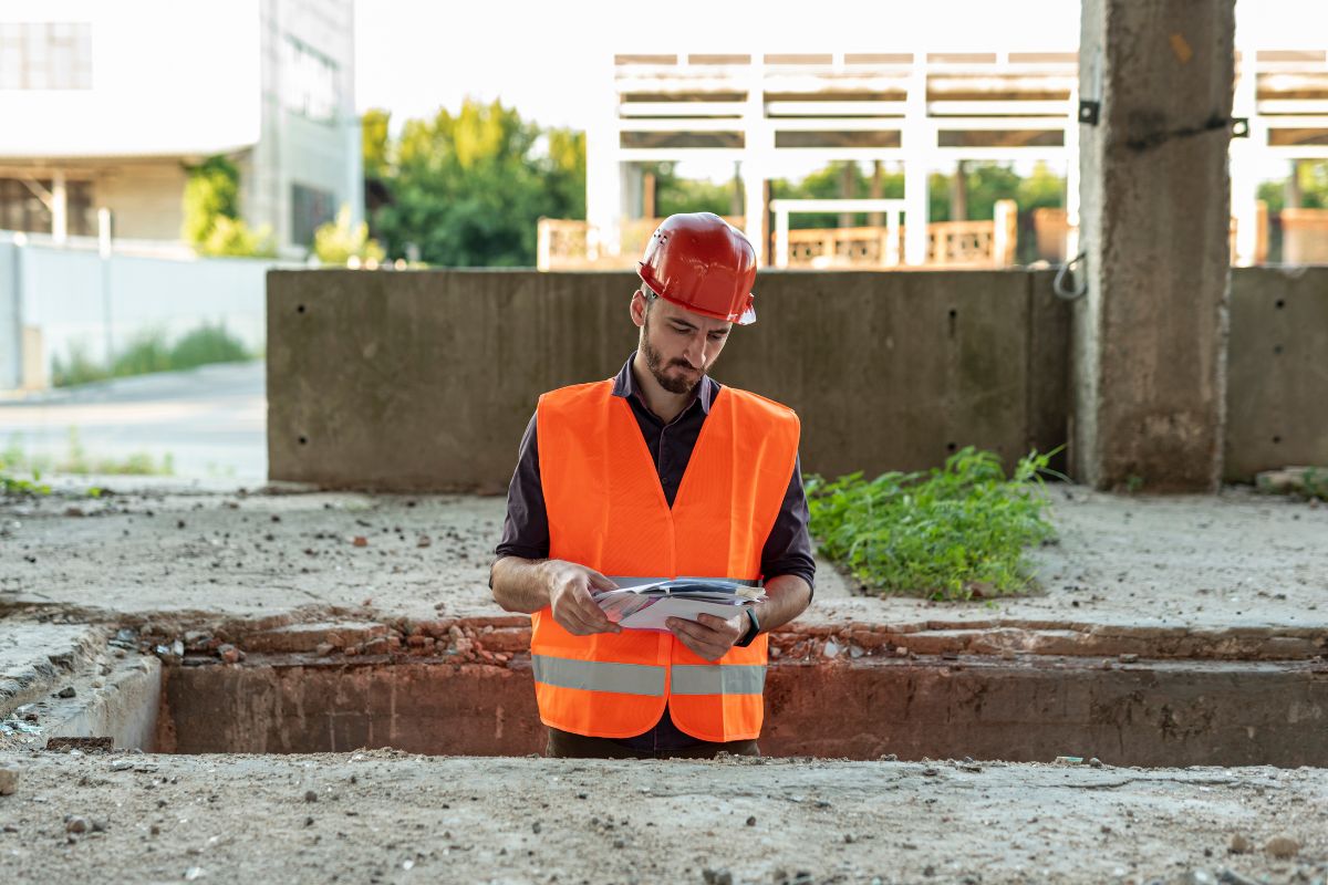 Obra de pavimentación con maquinaria y operario aplicando mecánica de suelos y diseño de pavimentos